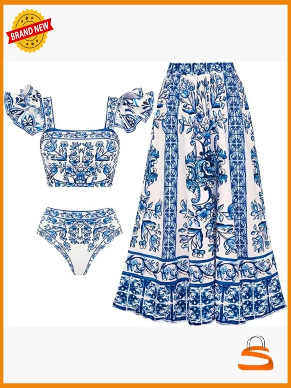 Large Ruffle Bikini Set with Sarong, Polyester Spandex, V-Neck Off Shoulder
